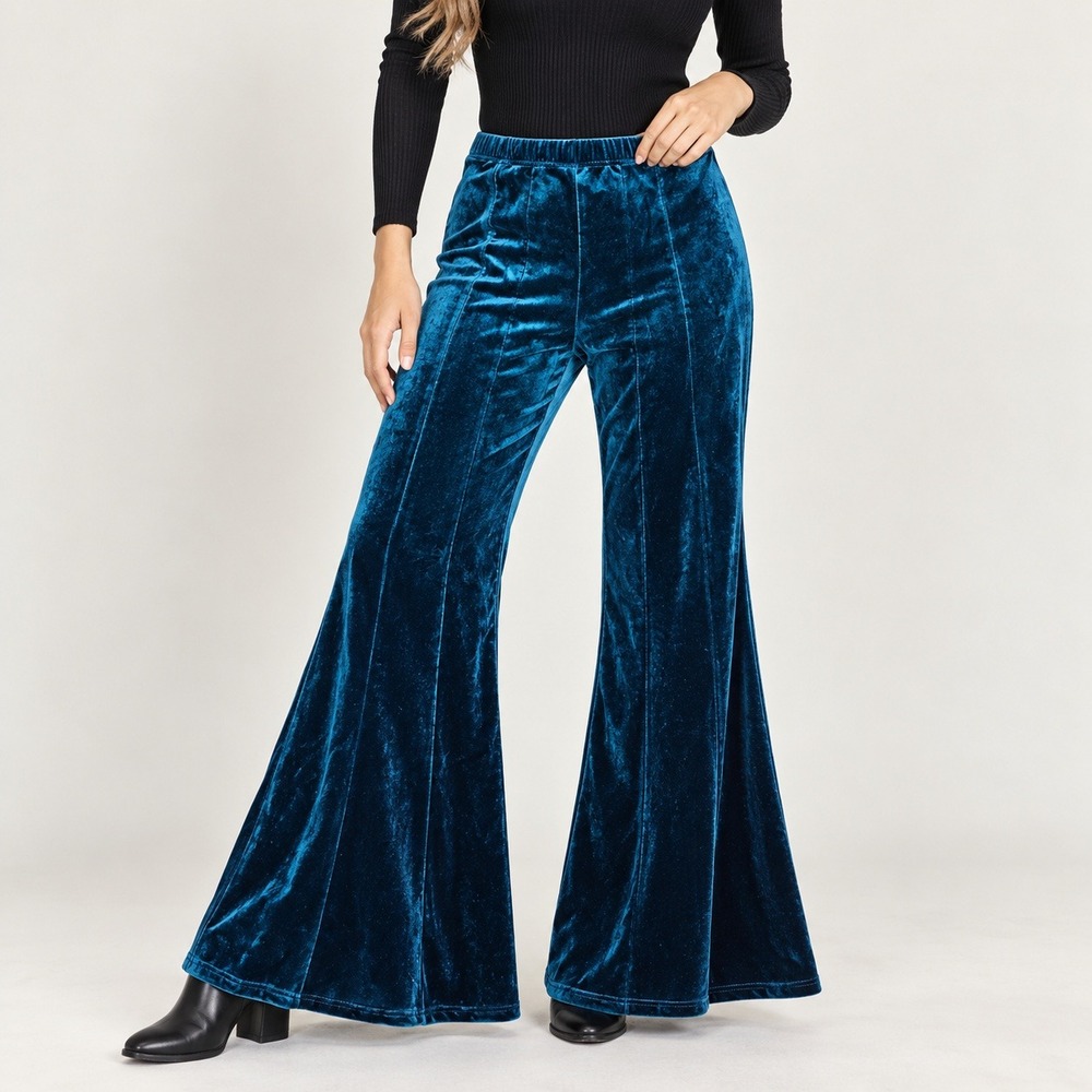 Umgee Womens L Teal Velvet Flare Pants Stretch Bell Bottom Boho Wide Leg Pull On